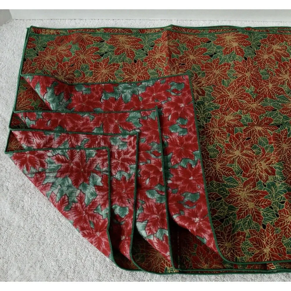 Set of 4 Christmas Poinsettia Cloth Napkins Red Green Gold Holiday Table Linen